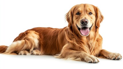 Golden Retriever dog  Canis lupus familiaris  great popular family domestic animal good with children isolated on white background tongue out while panting laying and looking towards c : Generative AI