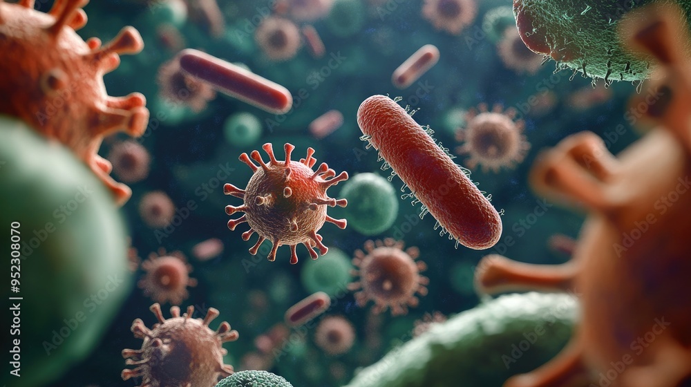 Poster microscopic image of different infectious cells, featuring various bacteria and viruses with space f