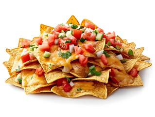 Freshly Prepared Appetizing Nachos with Melted Cheddar Cheese Diced Tomatoes Onions and Cilantro on a Plain White Surface