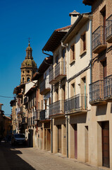 Puente de La Reina, Navarra.  The tower of the church of Santiago el Mayor rises, immense, over the roofs of the town