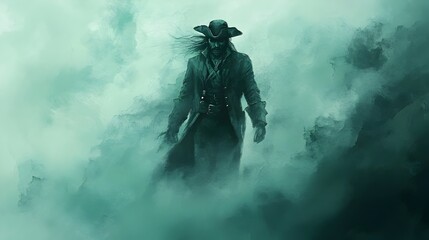 Mysterious Silhouetted Figure Wandering in Dramatic Misty Landscape