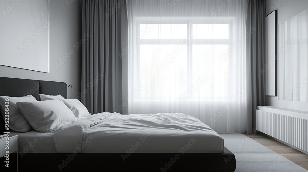 Aufkleber a double bedroom with a large bed without a duvet with cantilever bedside tables a black and white h