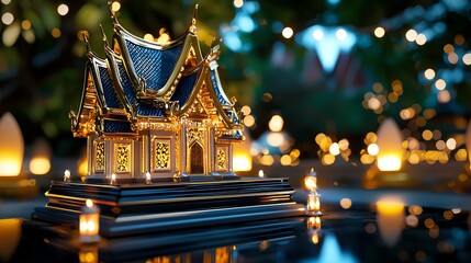 Fototapeta premium A beautifully ornate miniature temple illuminated by soft lights, creating a serene and enchanting atmosphere at night.
