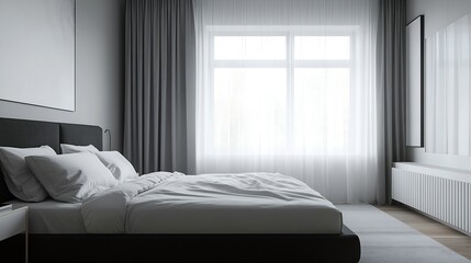 A double bedroom with a large bed without a duvet with cantilever bedside tables a black and white headboard a window with semitransparent white curtains and an aluminum radiator : Generative AI