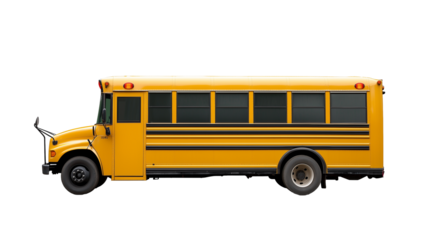 Classic yellow school bus in profile isolated on transparent background

