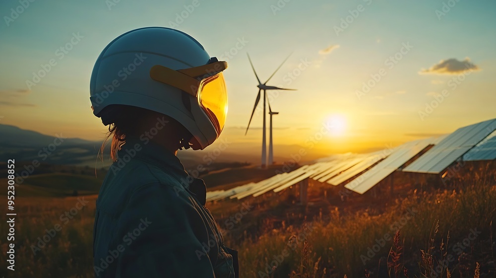 Poster engineer working for alternative energy farm wind turbine and solar panels concept focus on helmet :