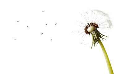 White dandelion seed head with seeds blowing away in the wind isolated on transparent background

