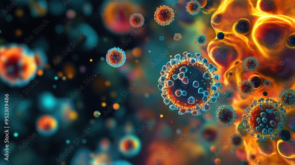 Poster microscopic image of pathogenic microbial cells, showcasing the diversity of bacteria and viruses wi