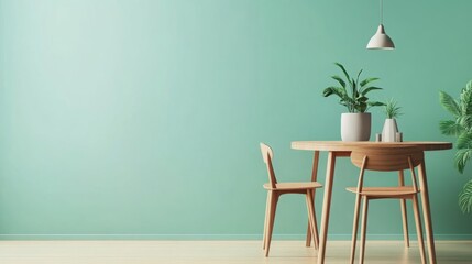 Fototapeta premium Scandinavian Mid-Century Modern Dining Room Featuring a Wooden Dining Table and Chairs Against a Green Wall, Emphasizing Stylish Home Interior Design