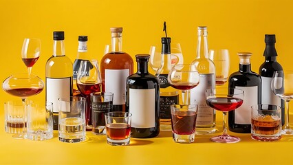 A variety of alcoholic drinks on yellow background