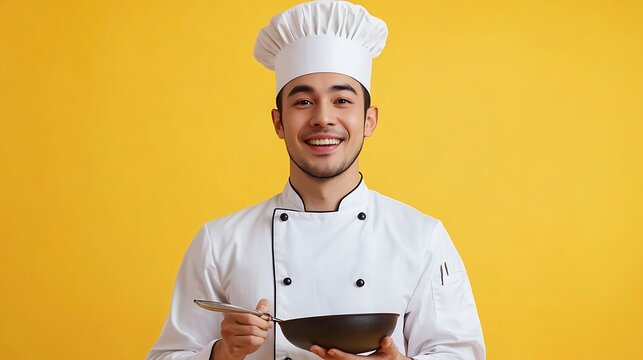Young handsome asian man chef in uniform with hat holding ladle utensils cooking in the kitchen various gesture action on isolated yellow background Indian man Occupation chef restaura : Generative AI