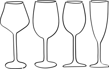 Set of Four Wine Glasses Vector Outline for Elegant Dining