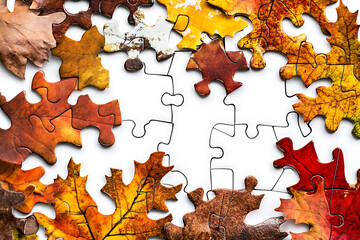 An isolated image of an autumn-themed puzzle on a white background, capturing the essence of the fall season through vibrant colors and seasonal elements.