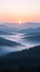 Fototapeta premium Sunrise Over Misty Mountain Range. Beautiful Landscape Shot Sun Rising Mist Mountains. 