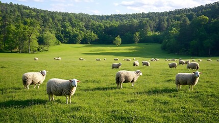 Obraz premium Green pastures with grazing sheeps in Perigord Limousin Regional Natural Park Dordogne France in spring nature landscape : Generative AI
