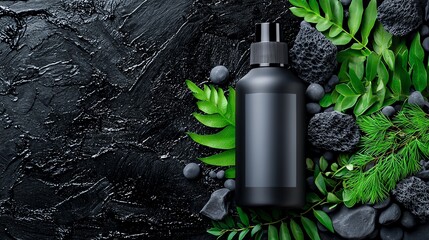 Elegant black bottle surrounded by green leaves and stones on a dark textured surface, perfect for product branding.