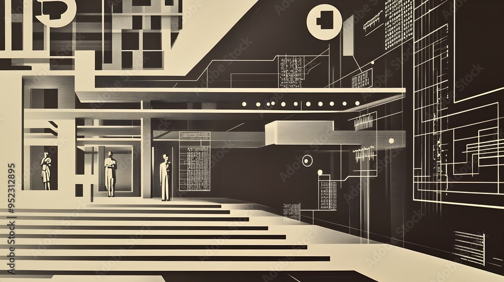 Poster futuristic architectural interior design with modern geometric patterns and angular structures