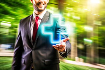 Businessman hand assembling green jigsaw puzzle. Businessman interacting gawith a blue plus sign rep. Check mark with businessman high quality 3d rend. 