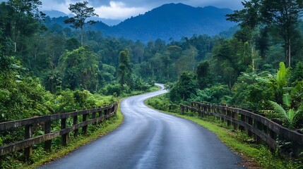 A picturesque mountain road with a rustic wooden guardrail leading through dense vibrant green tropical forest Fraser Hill Malaysia A serene asphalt road crossing a bridge highland gre : Generative AI