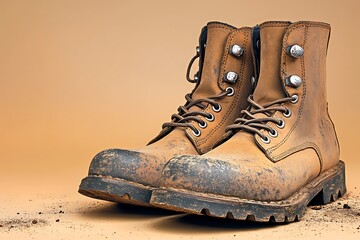 A Pair of Dirty Brown Leather Boots on a Tan Background