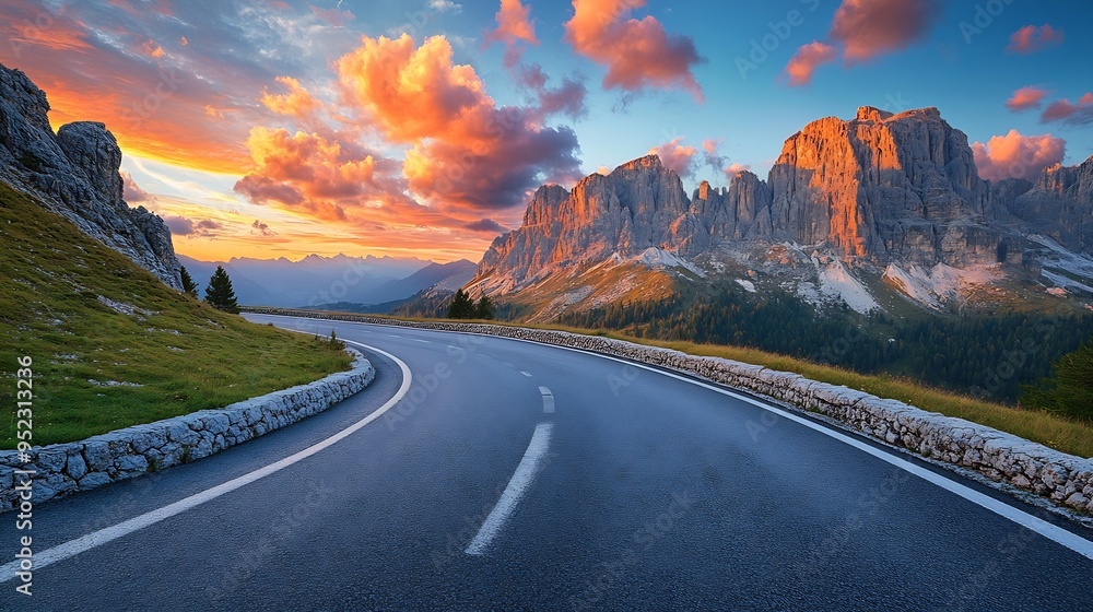Aufkleber mountain road at colorful sunset in summer dolomites italy beautiful curved roadway rocks stones blu
