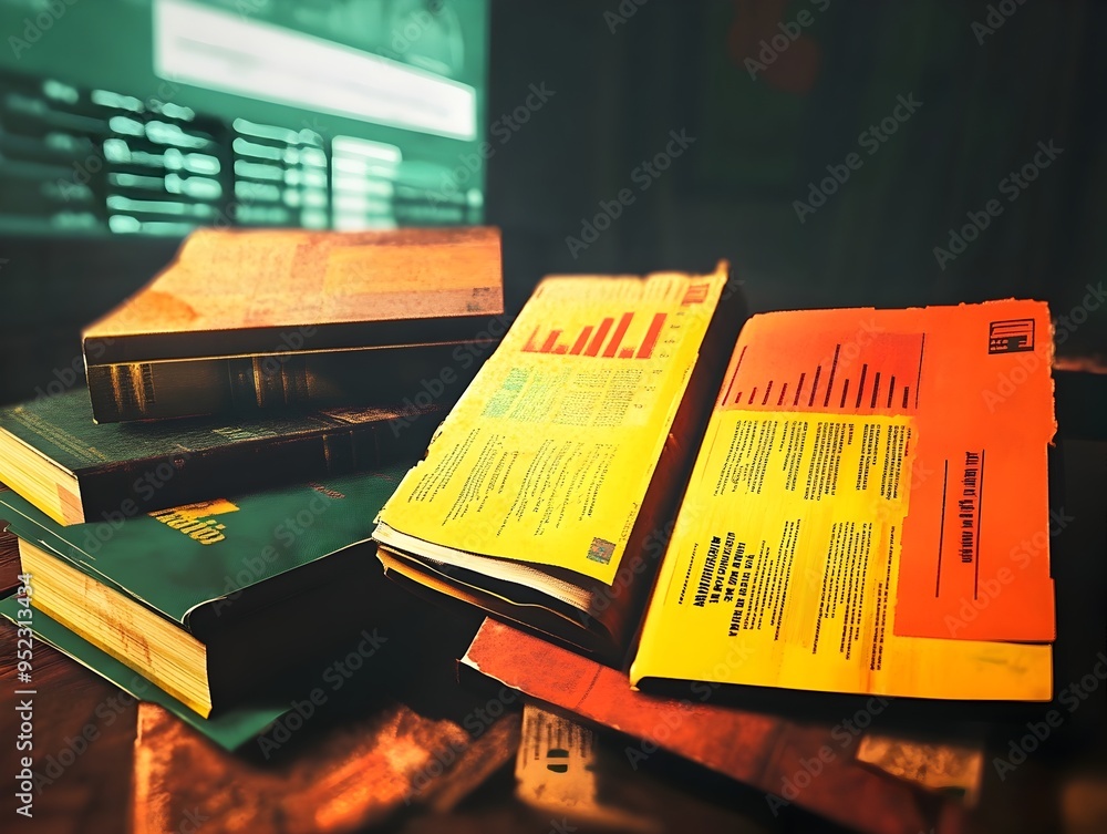 Poster stacks of various hardcover and paperback books and documents on desk in office or university librar