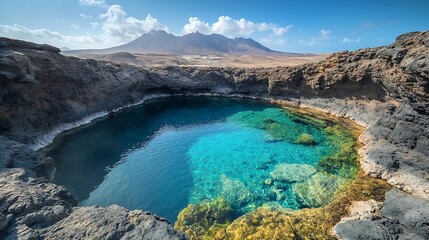 Obraz premium Discover the natural pools at Caleta de Fuste Fuerteventura an oasis of calm with crystalclear waters framed by volcanic cliffs and idyllic landscapes : Generative AI