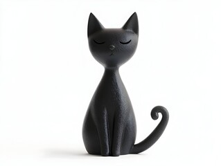 Isolated Black Cat Ceramic Figurine on White Background with Subtle Textures and Tones