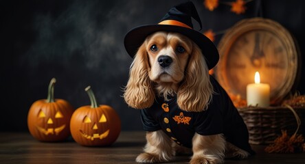 American Cocker Spaniel breed dog dressed up in a witch's hat and cape, posing next to a Halloween pumpkin, Halloween theme concept.