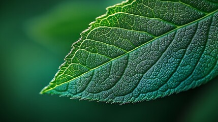 A closeup background image of a natural green leaf vividly showcasing the intricate details of its texture : Generative AI