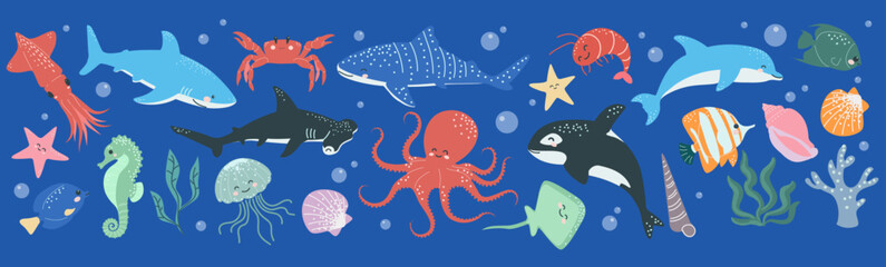 Animal ocean. Sea cartoon characters, baby pattern, cute life marine. Whale, dolphin, different fish, sea horse. Icon water, kids underwater decorative collection. Funny undersea fauna. Vector set © Natalia