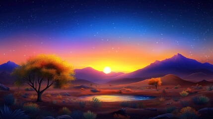 Naklejka premium Desert oasis at dusk, glowing water reflection