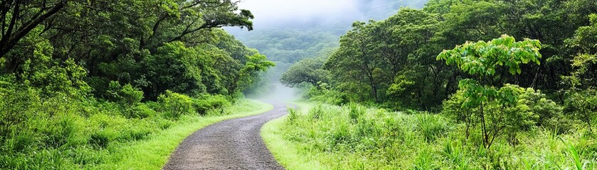 Misty morning forest path enveloped in soft fog, tranquil and serene, ethereal atmosphere