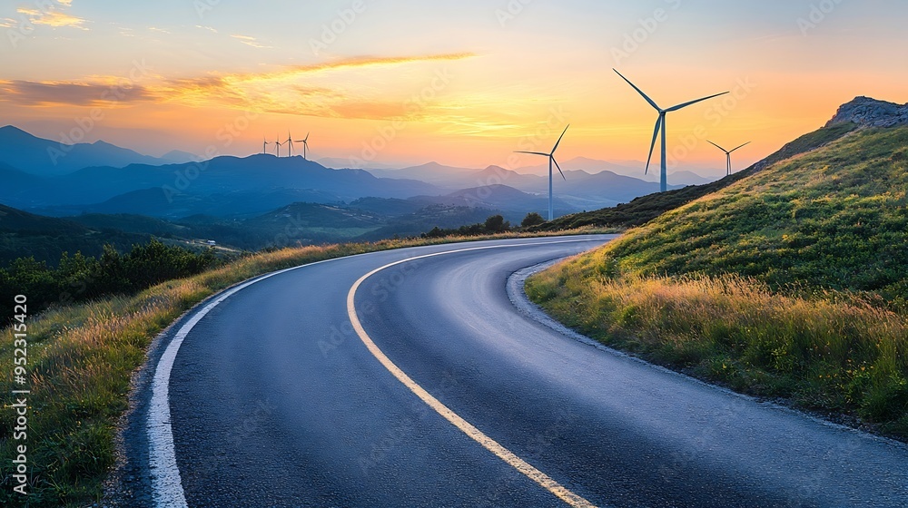 Aufkleber mountain road at colorful sunset in summer beautiful curved roadway empty highway through the mounta