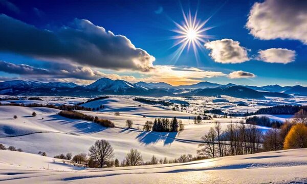 Snowy winter landscape with dramatic sunburst over majestic mountain range