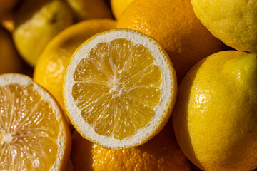 Fresh lemon closeup: juicy citrus fruit sliced and whole, macro texture detail