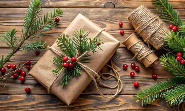 Rustic Christmas gifts wrapped in kraft paper with natural pine decorations