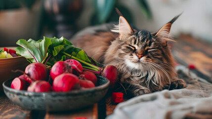 Close-up portrait of a cat or kitten against the background of beets and other vegetables. AI Generated