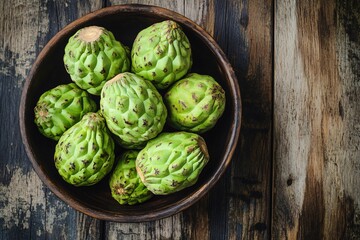 Obraz premium Cherimoya Fruit Bowl Wooden Background