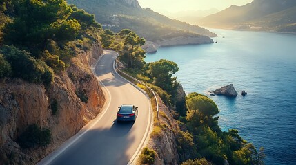car drive on the road of Mediterranean beach Highway view on coast on way to summer holiday driving on coast of France Europe travel trip in blue sea coast road landscape holiday journ : Generative AI
