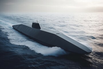 Autonomous Naval Ship Gliding Through Waters with Surveillance Gear and Copy Space