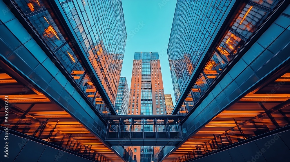 Poster open covered bridges outside a highrise building low angle view : generative ai