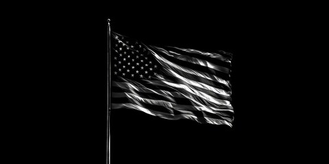 An American flag in black and white fluttering against a black backdrop
