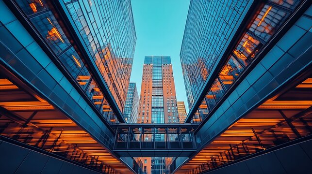open covered bridges outside a highrise building low angle view : Generative AI