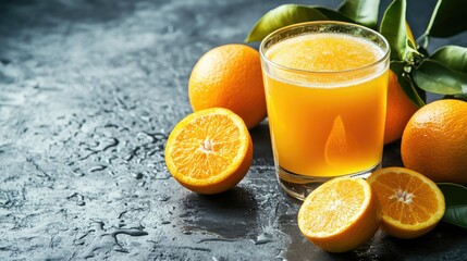 A glass of freshly squeezed orange juice with oranges around, with ample space for text.