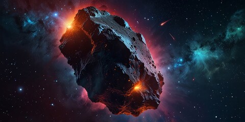 Asteroid hurtling through space, surrounded by stars and nebulae. Perfect for space exploration, science fiction, or cosmic events.