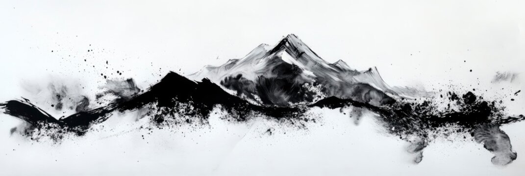 A brushed ink and black and white artwork of a mountain range