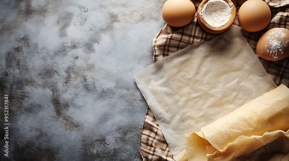 Poster top view with baking parchment empty on table background folded cloth for mockup with copy space fla
