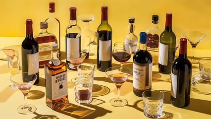 A variety of alcoholic drinks on yellow background