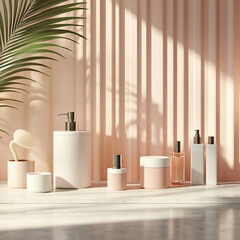 Fototapeta premium lotion ,cream and shampoo blank packaging podium generated by AI